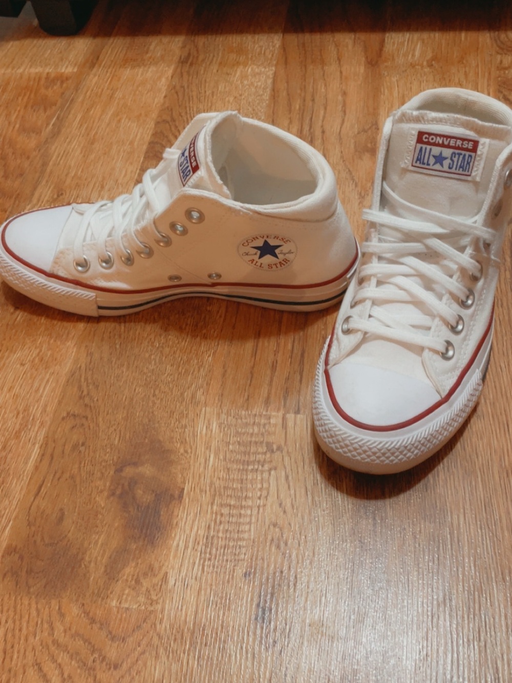 Converse White High Top Sneakers with Red and Blue Trim